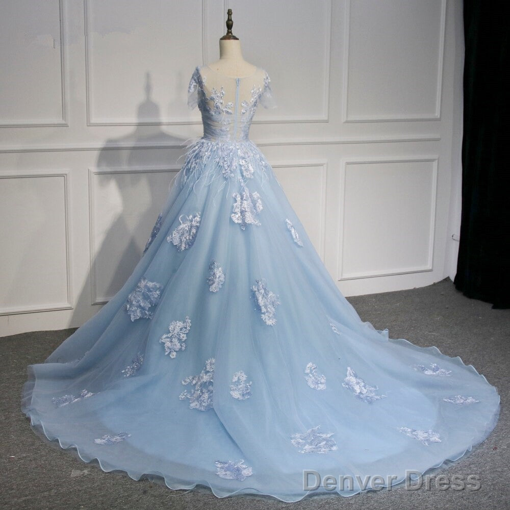 Blue Short Sleeves Lace Applique Organza Tulle Prom Dress, Round Neckline Blue Sweet 16 Gowns Prom Dresses