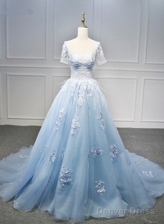 Blue Short Sleeves Lace Applique Organza Tulle Prom Dress, Round Neckline Blue Sweet 16 Gowns Prom Dresses