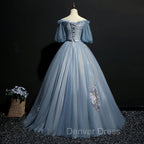 Blue Short Sleeves Long Tulle with Flower Applique Prom Dress, Blue Sweet 16 Dresses
