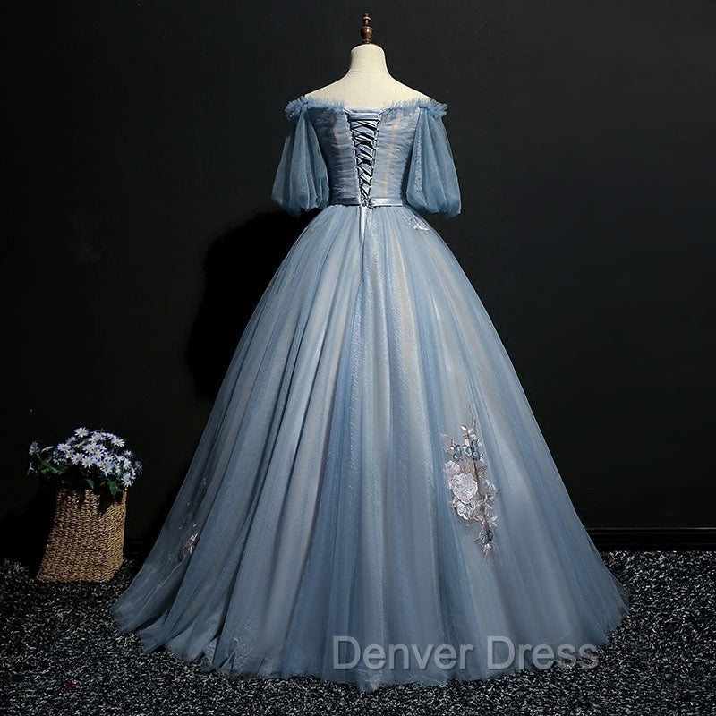 Blue Short Sleeves Long Tulle with Flower Applique Prom Dress, Blue Sweet 16 Dresses