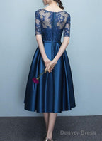 Blue Short Sleeves Tea Length Formal Dress, Blue Bridesmaid Dresses, Wedding Party Dresses