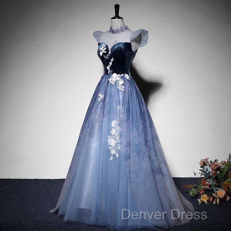 Blue Short Sleeves Tulle With Lace Long Prom Dresses, Blue Prom Gown