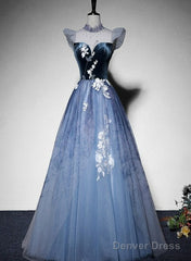 Blue Short Sleeves Tulle With Lace Long Party Dress, Blue Formal Gowns
