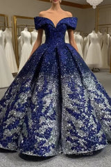 Blue Silver Ball Gown Sequins Appliques Prom Dresses