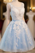Blue Simple Tulle Homecoming Dress Lace Applique, Baby Blue Sash Backless A Line Knee Length Prom Dresses