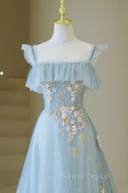 Blue Spaghetti Strap Lace Long Prom Dresses, Cute A-Line Graduation Dresses