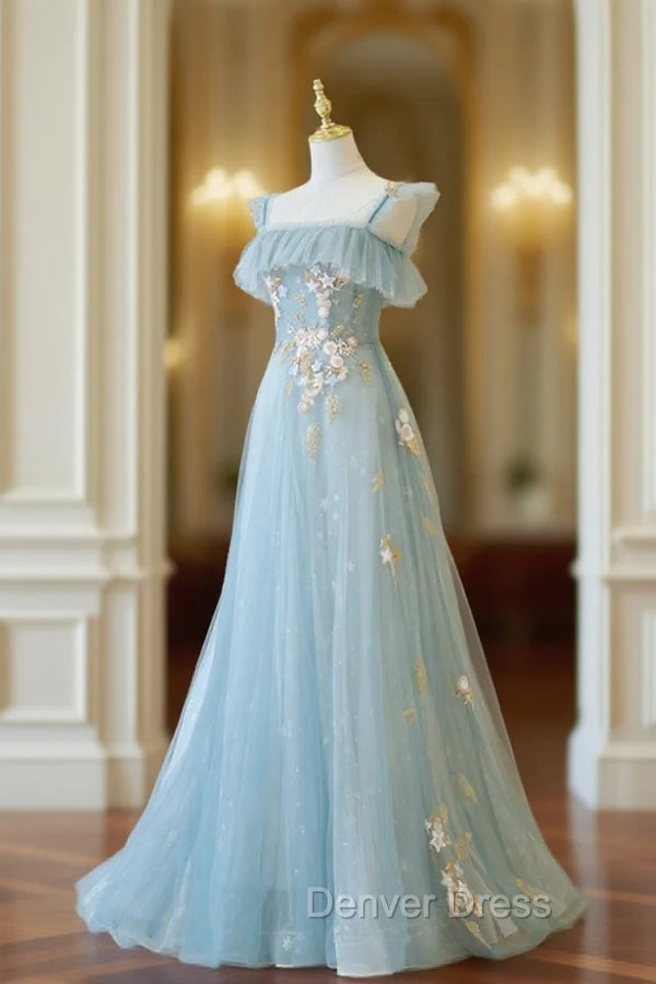 Blue Spaghetti Strap Lace Long Prom Dresses, Cute A-Line Graduation Dresses Main image