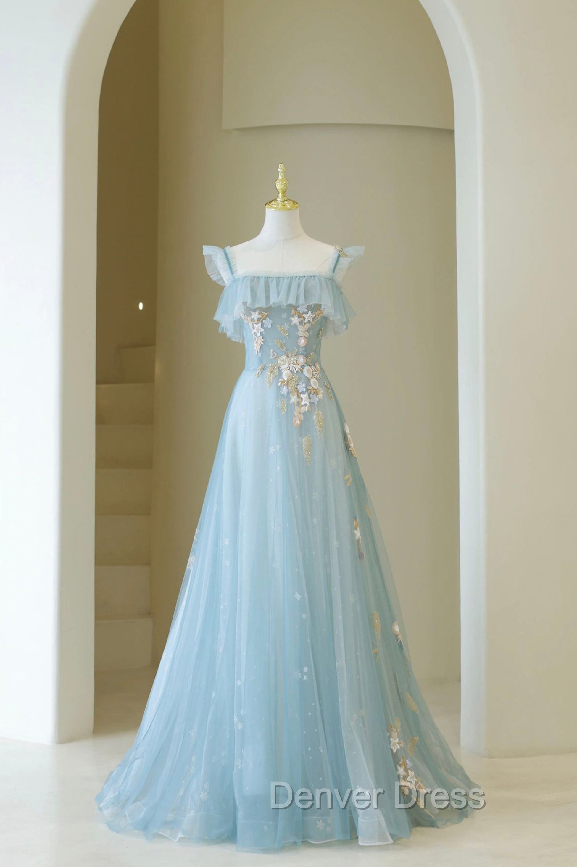 Blue Spaghetti Strap Lace Long Prom Dress, Cute A Line Graduation Dresses
