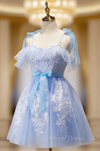 Blue Spaghetti Strap Lace Short Prom Dresses, Lovely A-Line Homecoming Dresses