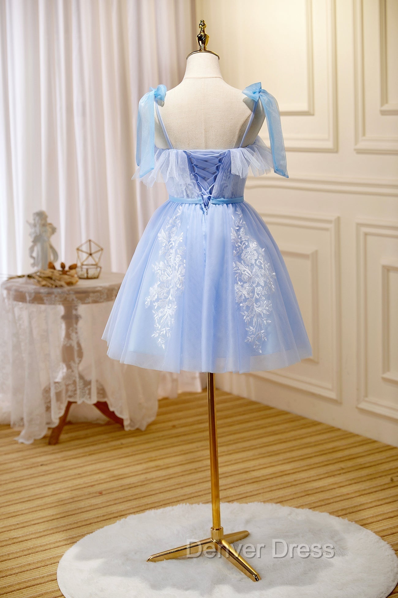 Blue Spaghetti Strap Lace Short Prom Dresses, Lovely A-Line Homecoming Dresses