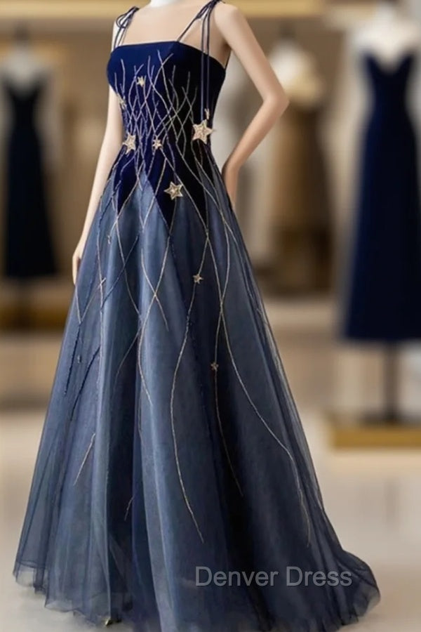 Blue Spaghetti Strap Long Prom Dress with Star, Blue Prom Dresses Main image