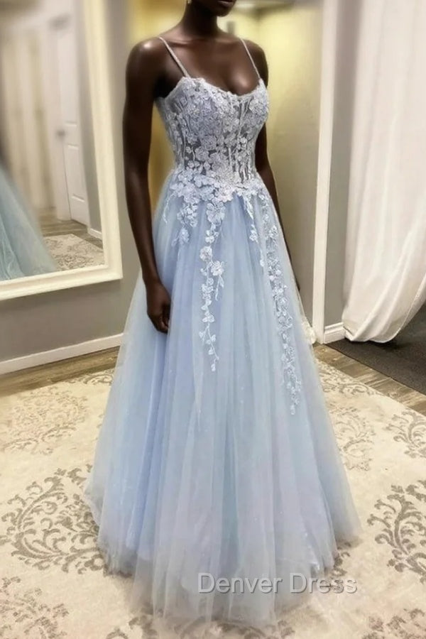Blue Spaghetti Strap Tulle Appliques Prom Dresses