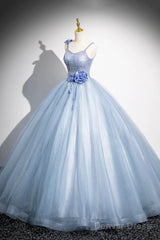 Blue Spaghetti Strap Tulle Floor Length Prom Dress, Pretty A-Line Evening Party Dress