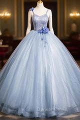 Blue Spaghetti Strap Tulle Floor Length Prom Dresses, Pretty A-Line Evening Party Dresses