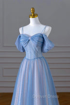 Blue Spaghetti Strap Tulle Long Prom Dresses, A-Line Evening Dresses