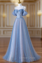 Blue Spaghetti Strap Tulle Long Prom Dress, A Line Prom Dresses