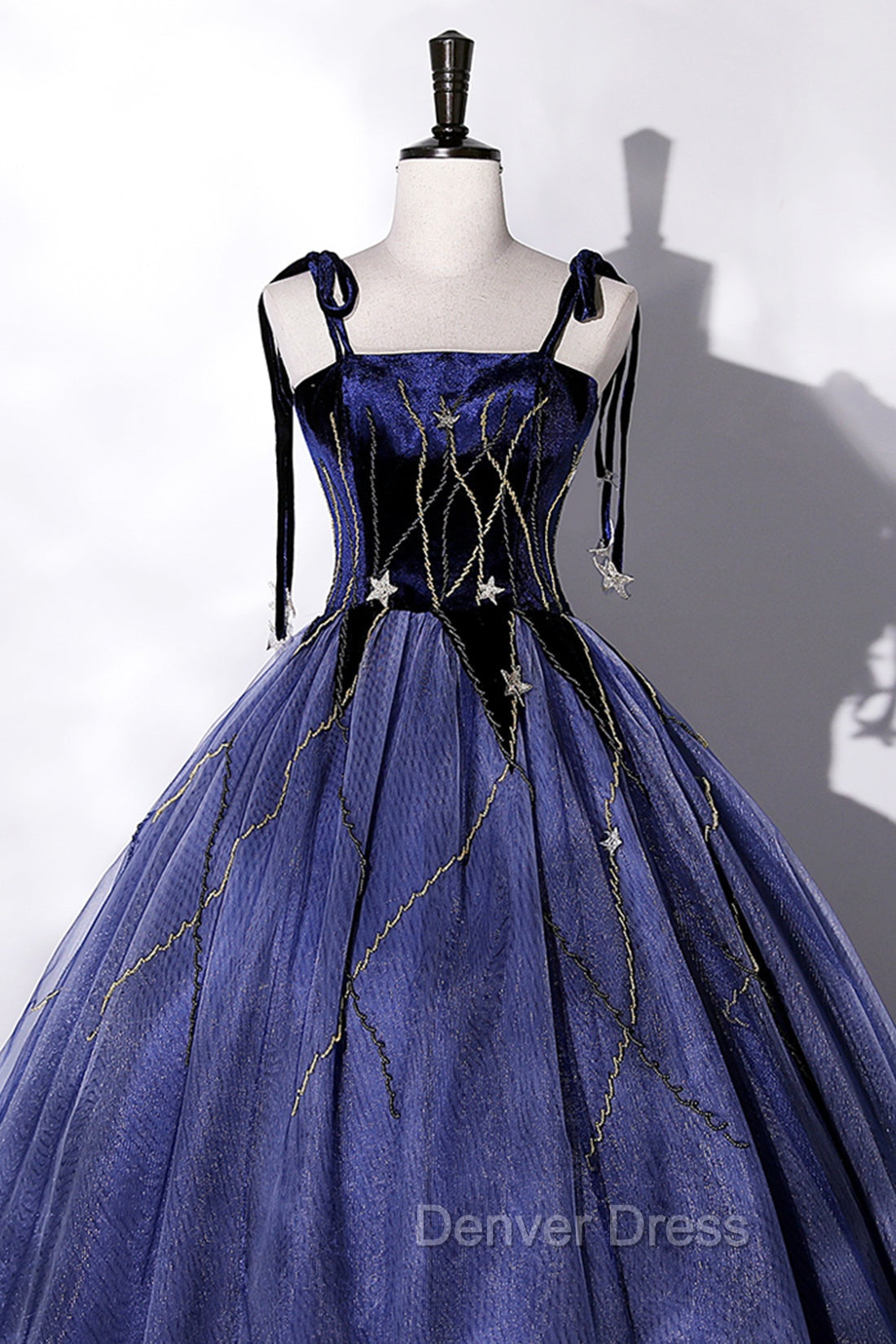 Blue Spaghetti Strap Tulle Long Prom Dress with Star, Blue Prom Dresses