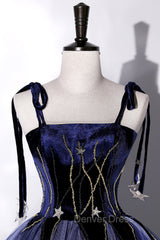 Blue Spaghetti Strap Tulle Long Prom Dresses with Star, Blue Evening Party Dresses