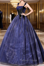 Blue Spaghetti Strap Tulle Long Prom Dresses with Star, Blue Evening Party Dresses