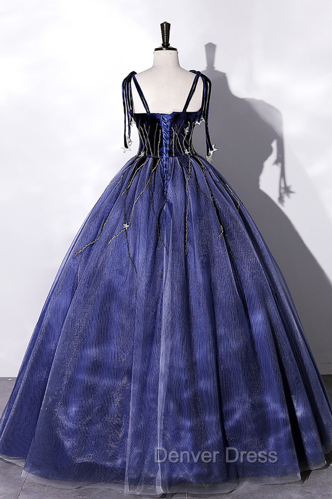 Blue Spaghetti Strap Tulle Long Prom Dresses with Star, Blue Evening Party Dresses