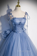 Blue Spaghetti Strap Tulle with Flowers Long Formal Dresses, Blue Party Dresses with Bow