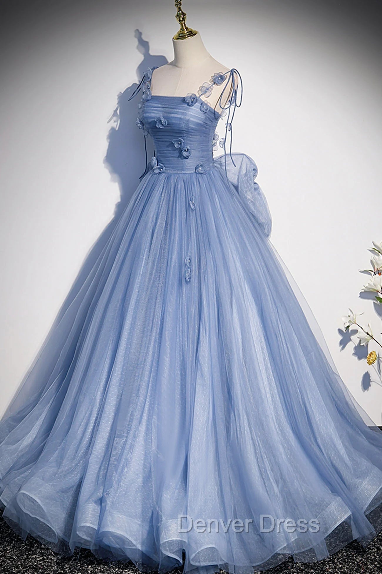 Blue Spaghetti Strap Tulle with Flowers Long Prom Dress, Blue Prom Dresses with Bow