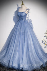 Blue Spaghetti Strap Tulle with Flowers Long Formal Dresses, Blue Party Dresses with Bow