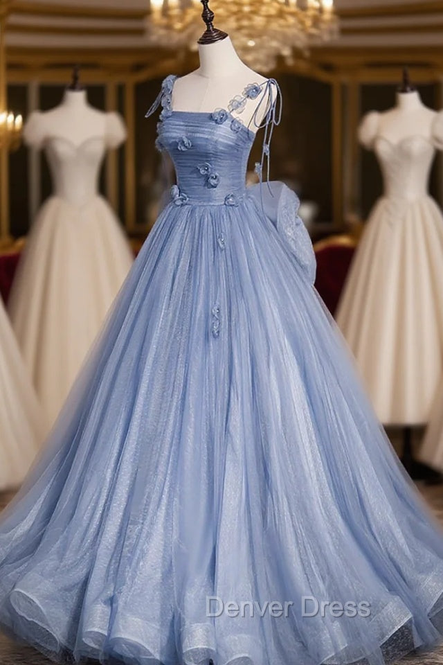 Blue Spaghetti Strap Tulle with Flowers Long Formal Dresses, Blue Party Dresses with Bow