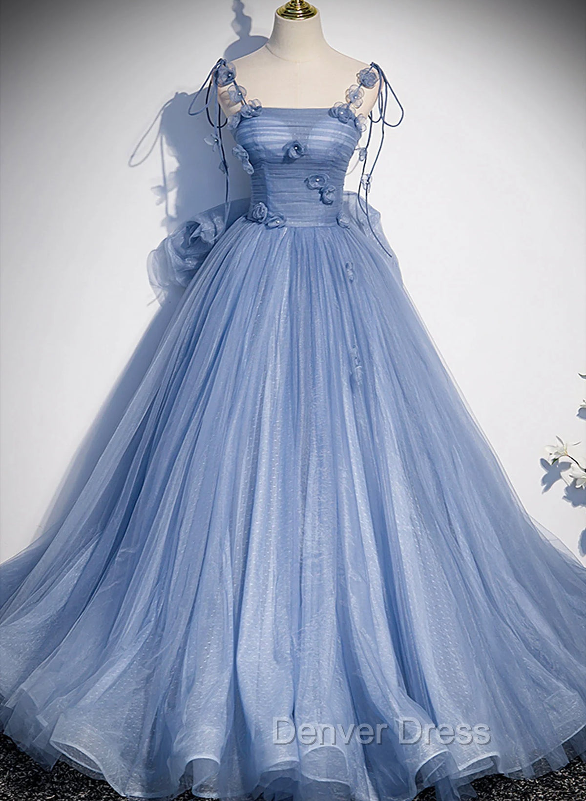 Blue Spaghetti Strap Tulle with Flowers Long Formal Dresses, Blue Party Dresses with Bow