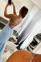 Blue Spaghetti Straps Mermaid Prom Dresses With Appliques