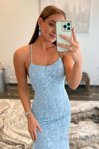 Blue Spaghetti Straps Mermaid Prom Dresses With Appliques