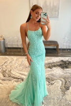 Blue Spaghetti Straps Mermaid Prom Dresses With Appliques