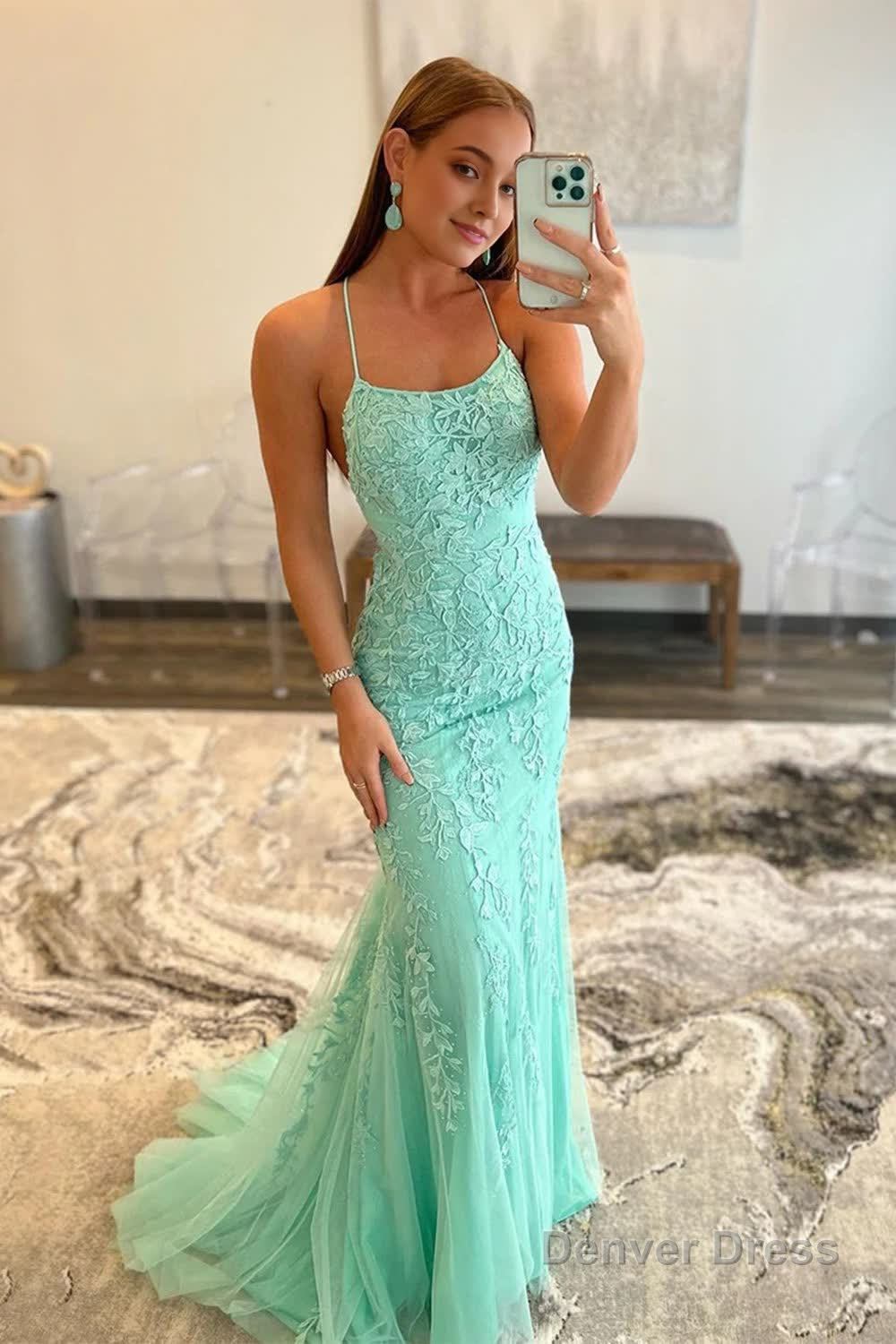 Blue Spaghetti Straps Mermaid Prom Dresses With Appliques