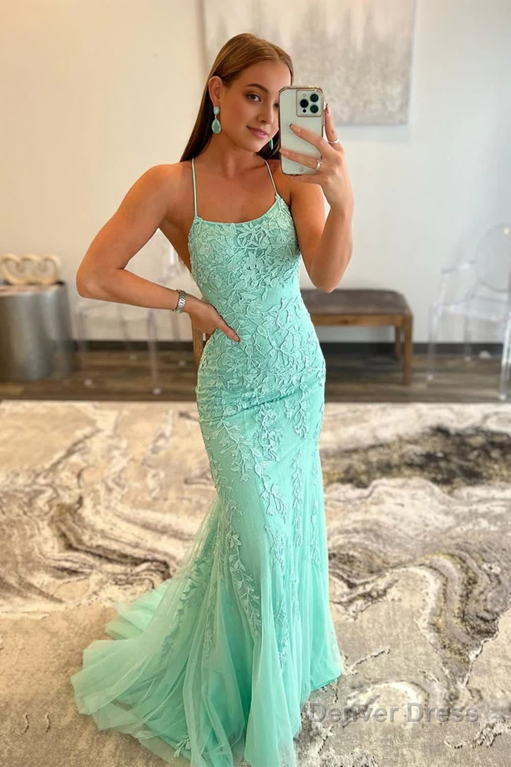 Blue Spaghetti Straps Mermaid Prom Dresses With Appliques
