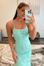 Blue Spaghetti Straps Mermaid Prom Dresses With Appliques