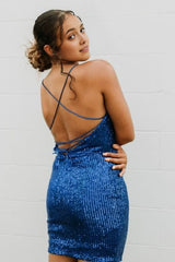 blue spaghetti straps sequins homecoming dress with criss cross back