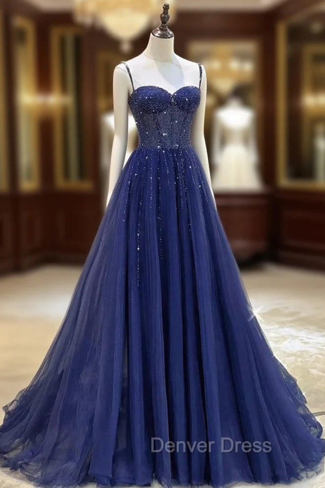 Blue Spaghetti Straps Tulle Beading Prom Dresses Main image