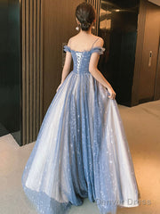 Blue Spaghetti Straps Tulle Long Prom Dress, Cute A-Line Evening Dress