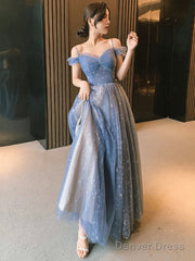 Blue Spaghetti Straps Tulle Long Prom Dress, Cute A-Line Evening Dress