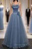 Blue Spaghetti Straps Tulle Sequins Beading Prom Dresses