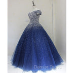 Blue Sparkle Off Shoulder Ball Prom Dress , Handmade Beaded Prom Dresses