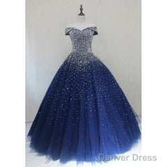Blue Sparkle Off Shoulder Ball Party Dress Handmade Beaded Party Dress Elegant Prom Dress Evening Dress
