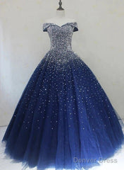 Blue Sparkle Off Shoulder Ball Party Dress Handmade Beaded Party Dress Elegant Prom Dress Evening Dress