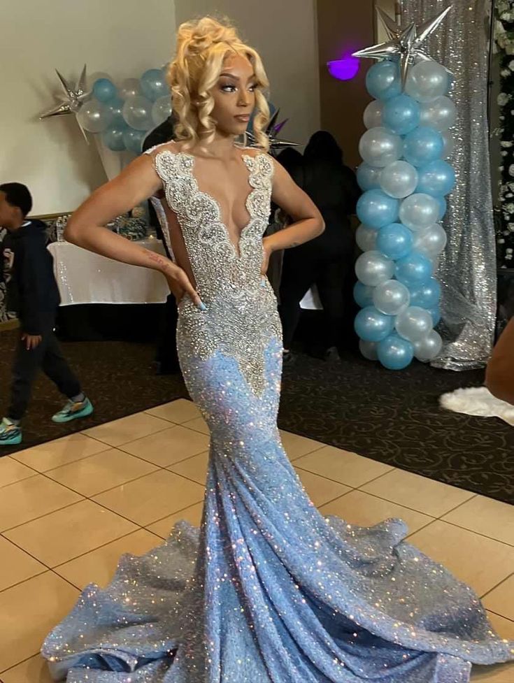 Blue Gorgeous Shiny Sequins Long Mermaid Slim Ball Gowns Prom Dresses Secondary image