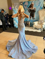Blue Gorgeous Shiny Sequins Long Mermaid Slim Ball Gowns Prom Dresses