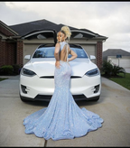Blue Gorgeous Shiny Sequins Long Mermaid Slim Ball Gowns Prom Dresses