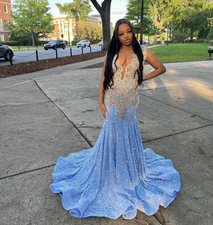 Blue Gorgeous Shiny Sequins Long Mermaid Slim Ball Gowns Prom Dresses Main image
