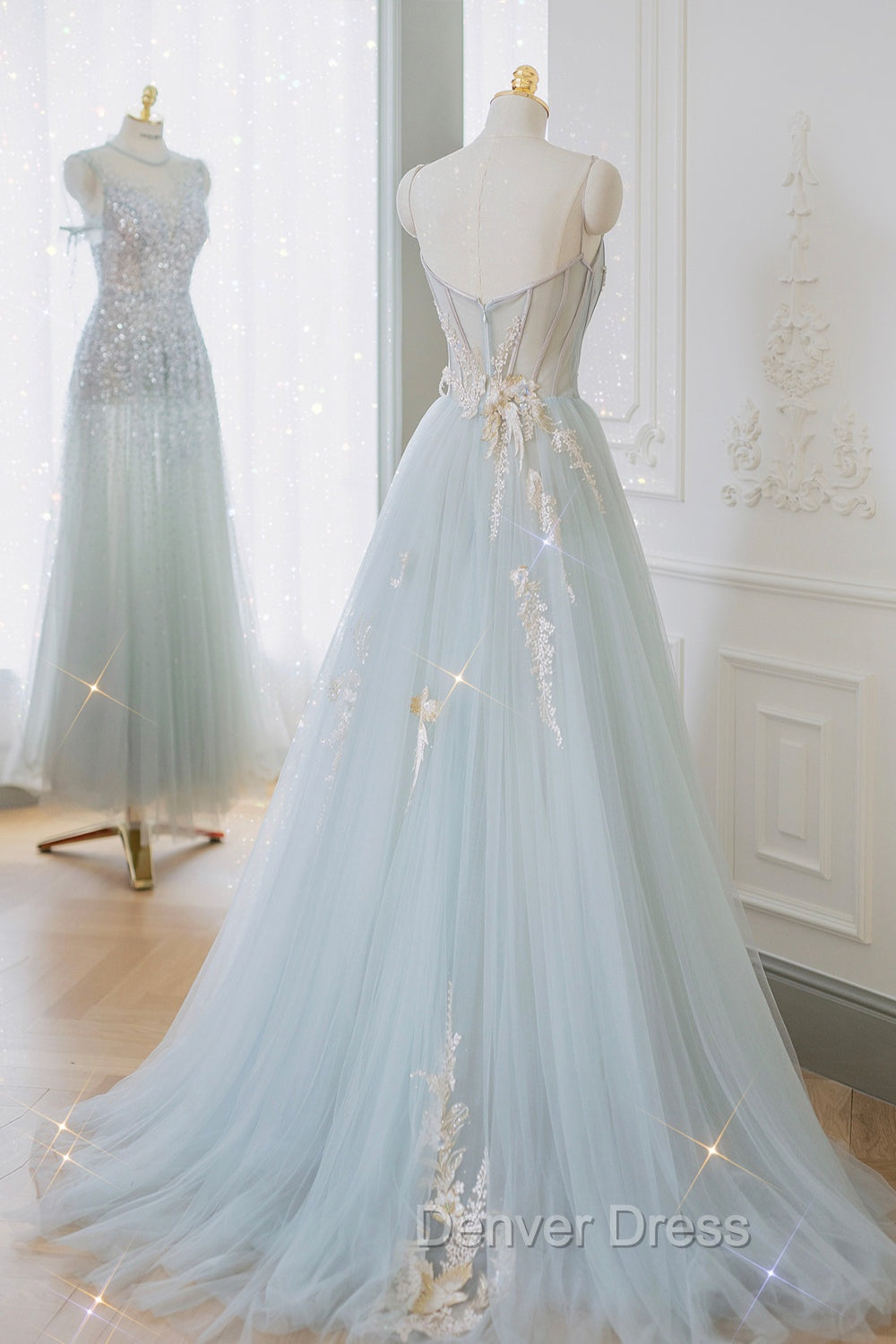 Blue Strapless Lace Formal Prom Dresses, A-Line Tulle Evening Party Dresses
