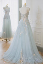 Blue Strapless Lace Prom Dress, A Line Tulle Prom Dresses
