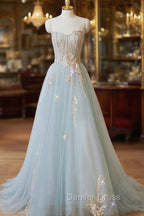 Blue Strapless Lace Prom Dress, A Line Tulle Prom Dresses